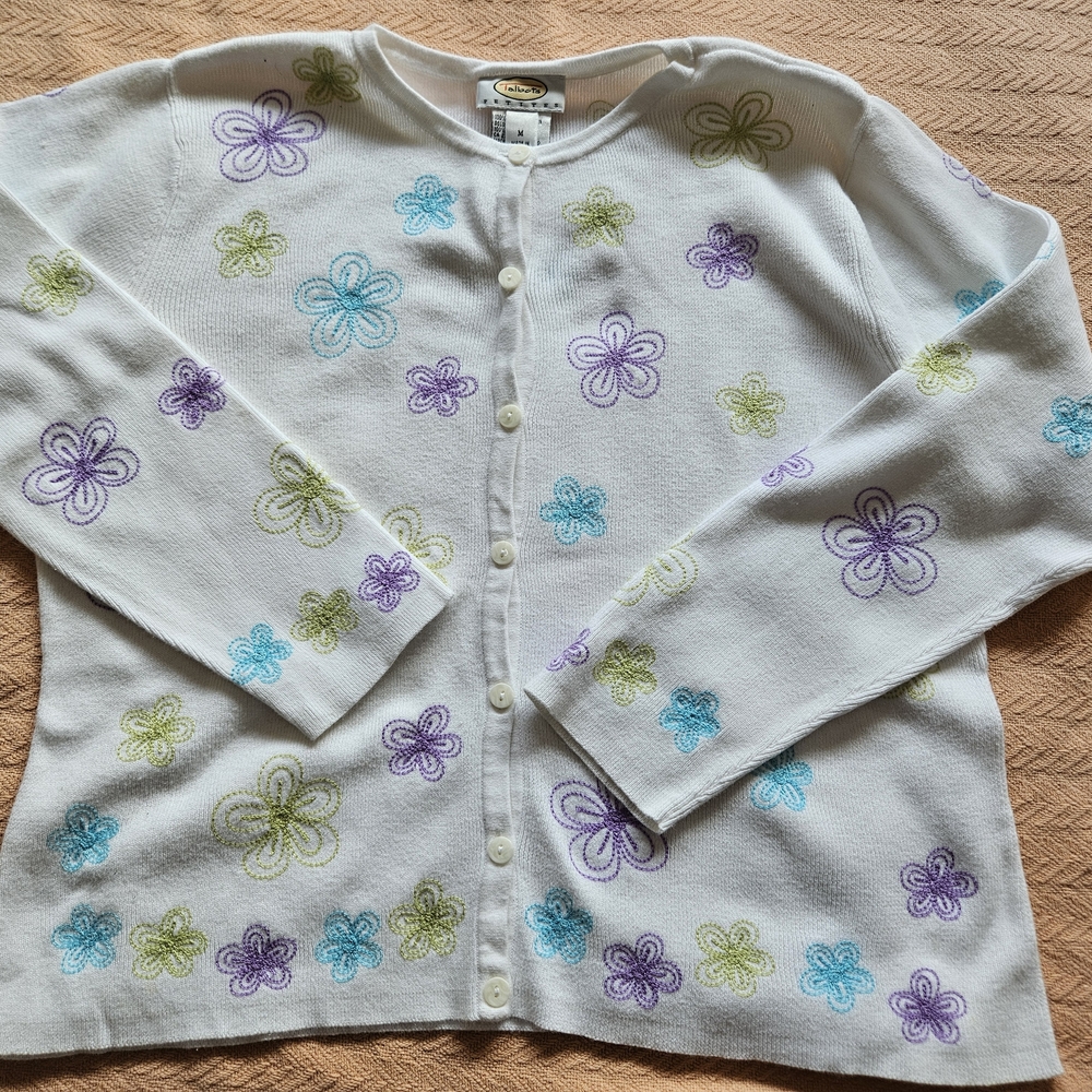 Talbots Womens  Floral Cardigan - White with Purple, Green, and Blue
